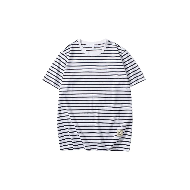 Striped Loose Cotton Blended Fabric T Shirt-0