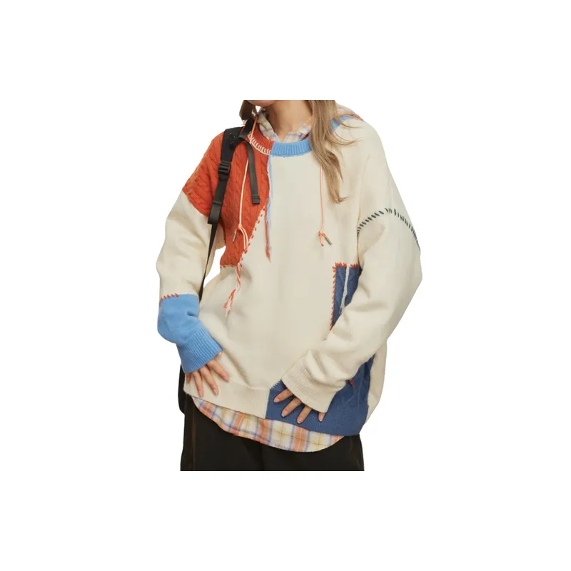Design Sense Contrast Color Stitching Retro Sweater-3