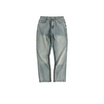 Vintage Wash Jeans Straight Pants With Zipper Decoration