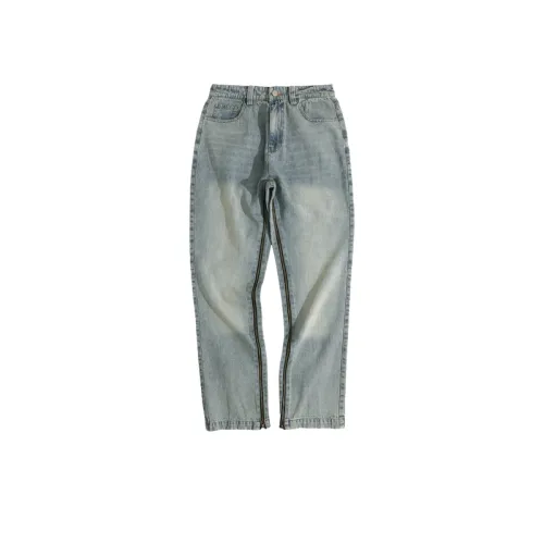 Vintage Wash Jeans Straight Pants With Zipper Decoration