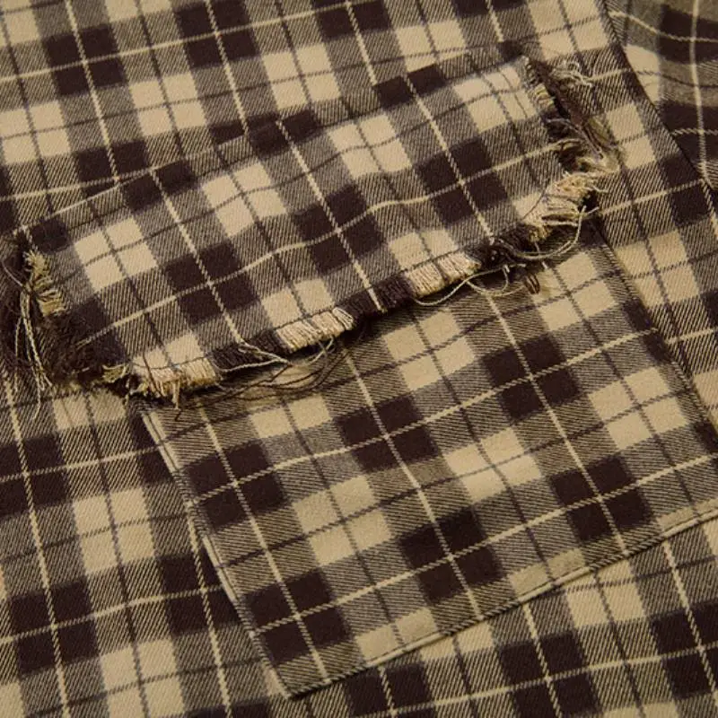 Plaid Raw Hem Cotton Blended Fabric Shirt-4