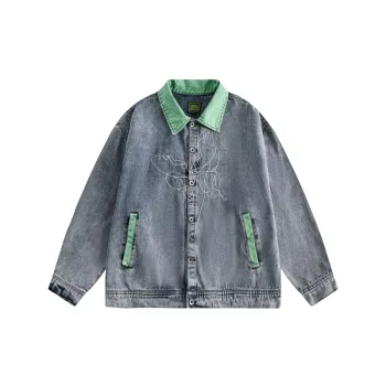 Retro Butterfly Embroidered Washed Denim Jacket