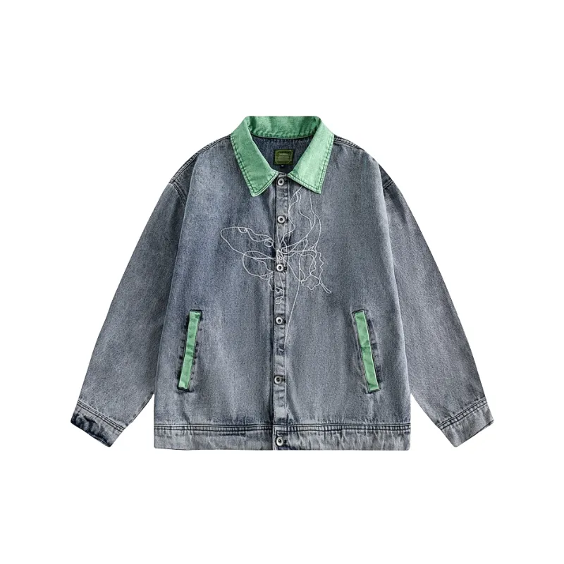 Retro Butterfly Embroidered Washed Denim Jacket-0
