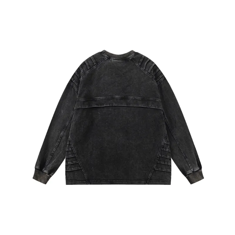 Design High end Feeling Retro Distressed Washed Pleated Long Sleeve Ins Loose Casual Sweatshirt-1