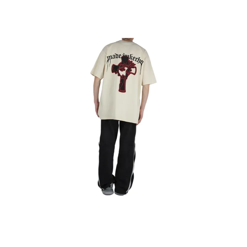 Vintage Cross Printed Washed Short sleeved T shirt-28