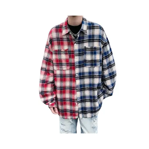 Contrast Color Plaid Stitching Long-sleeved Shirt