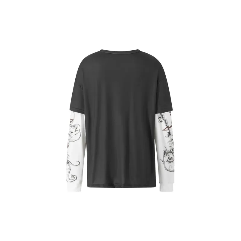 Loose Round Neck Long Sleeved Retro Printing T Shirt-1