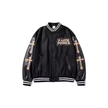 Flocking Cross Embroidered Woolen Stitching PU Leather Aviator Collar Cardigan Jacket