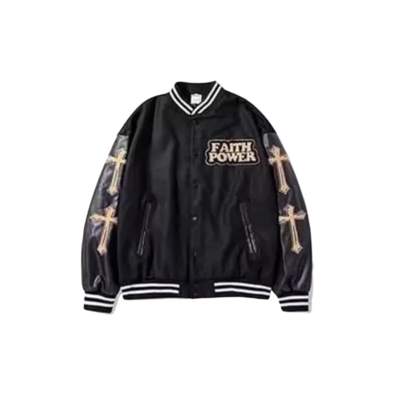 Flocking Cross Embroidered Woolen Stitching PU Leather Aviator Collar Cardigan Jacket-2