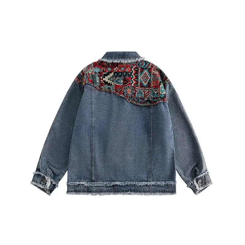 Contrasting Ethnic Style Patchwork Frayed Denim Jacket-1