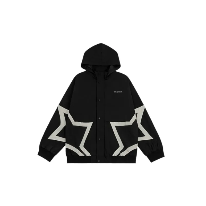 Retro Star Contrast Color Stitching Ins Hip hop Street Loose Hooded Jacket-4