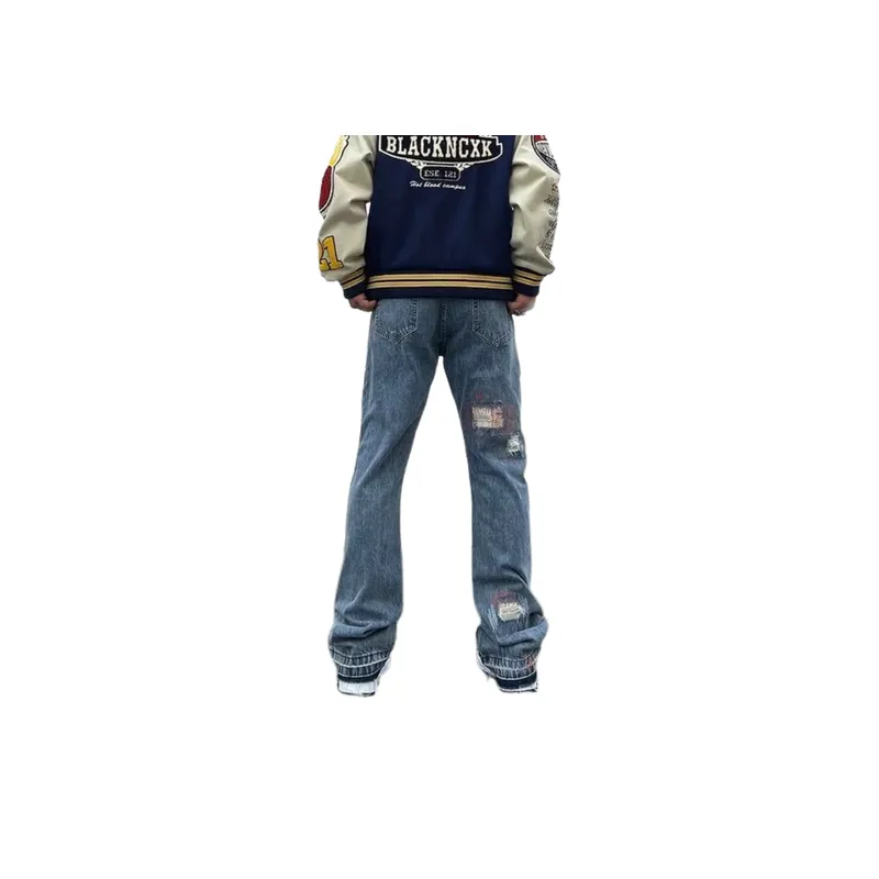 Patch Ripped Micro flared High Street Embroidered Loose Hip hop Jeans-3