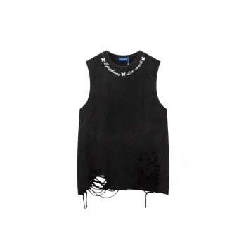 Retro Butterfly Print Distressed Sleeveless Vest