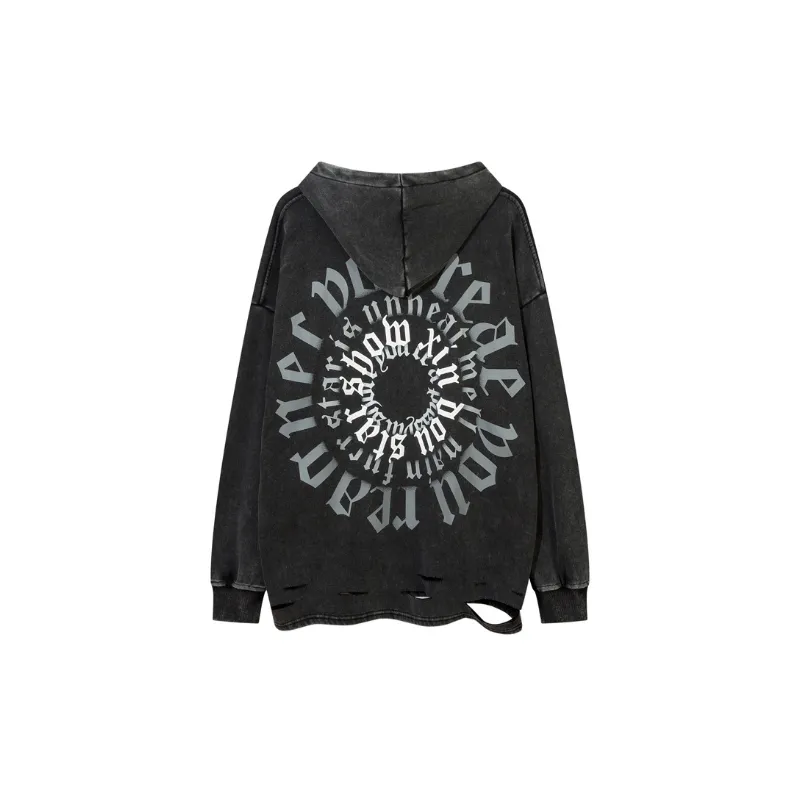 Hip hop Distressed Washed Design Foam Printing Fleece Loose Hoodie-1
