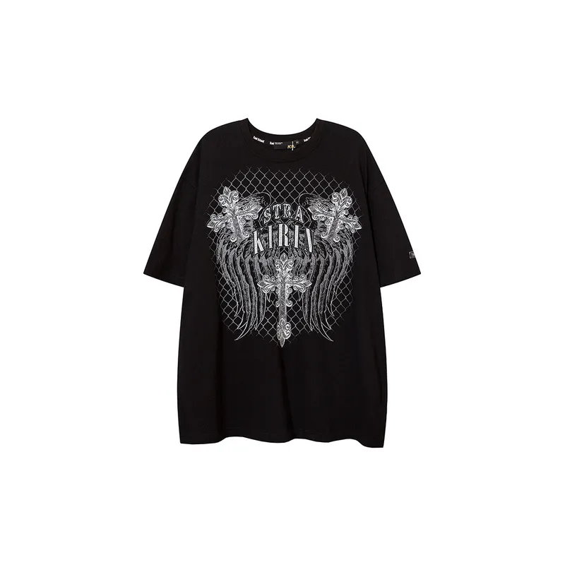 Dark High Street Cross Retro Printed Round Neck Short Sleeve T Shirt-5