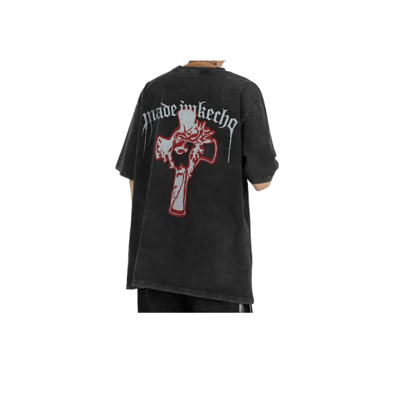 Vintage Cross Printed Washed Short sleeved T shirt-19