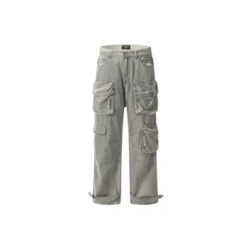 Retro Denim Crane Multi Pocket Straight Pants