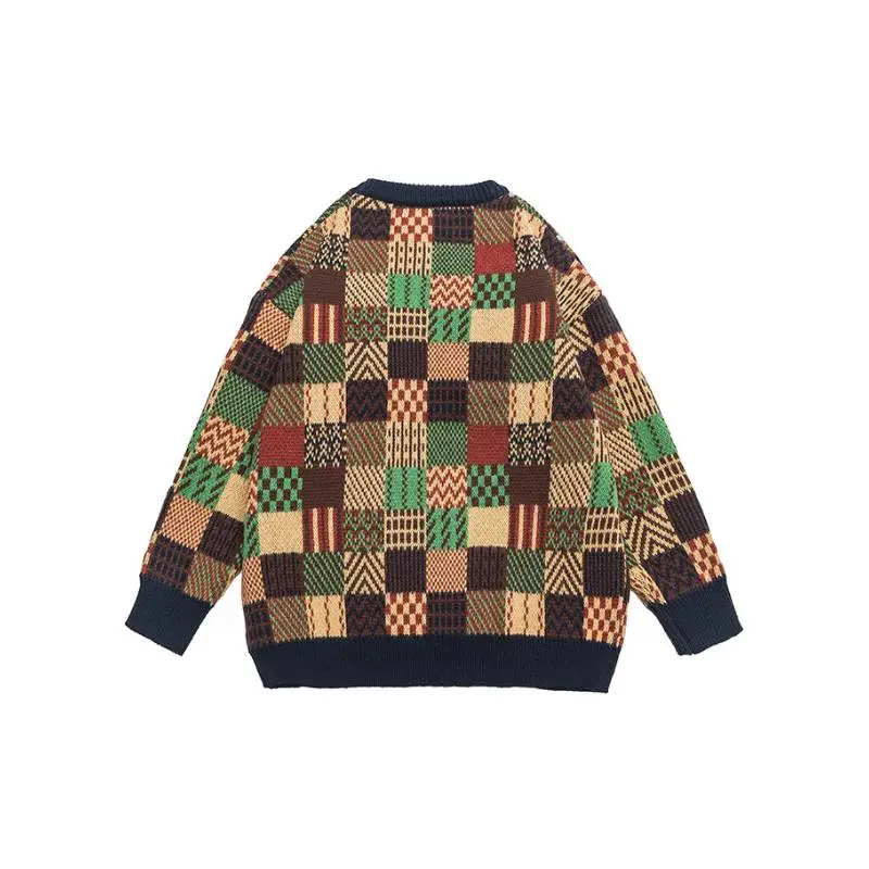 Contrast Color Stitching Plaid Crew Neck Retro Loose Warm Knitted Sweater-1
