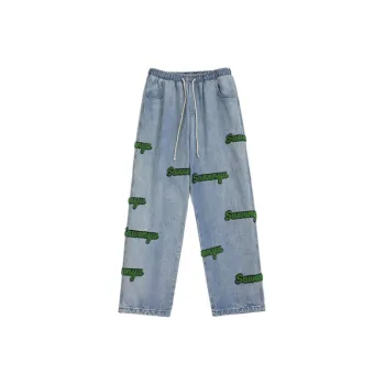 Flocking Embroidered Jeans Spring Trendy Brand High Street Ins Hong Kong Style Pants Spring And Autumn Loose Straight Wide Leg Pants