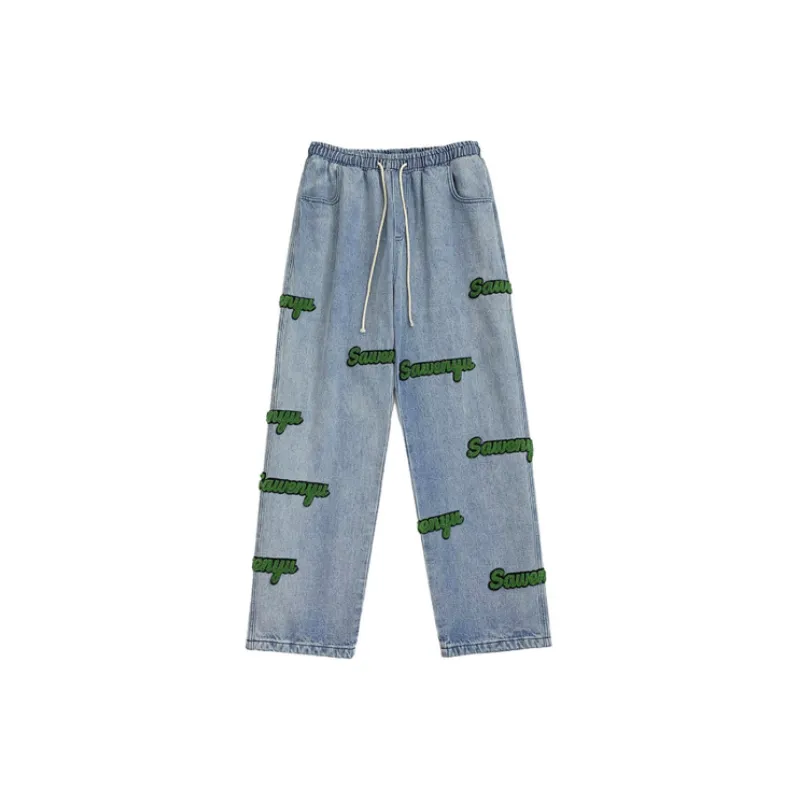 Flocking Embroidered Jeans Spring Trendy Brand High Street Ins Hong Kong Style Pants Spring And Autumn Loose Straight Wide Leg Pants-0