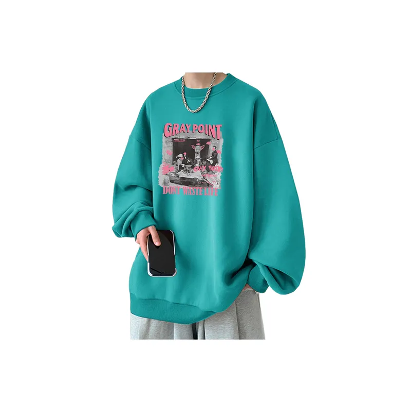 Fashion High Street Hip hop Crewneck Loose Fleece lined Thickened Sweatshirt-0