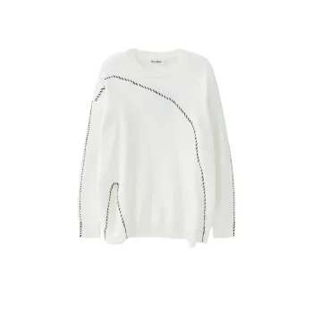 Niche Hole Contrast Color Line Crew Neck Pullover Casual Loose Knit Sweater