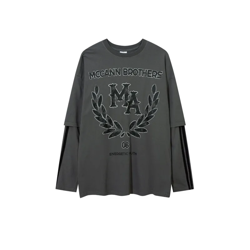 Vintage Patchwork Fake Two Piece Long Sleeved T Shirt-0