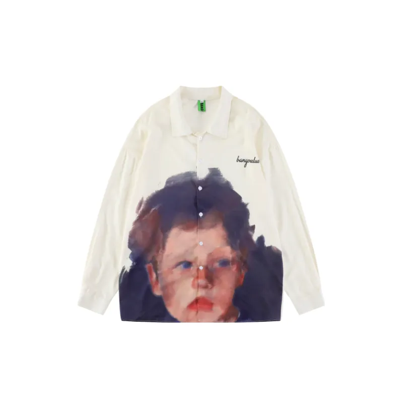Retro Portrait Print Long Sleeve Shirt