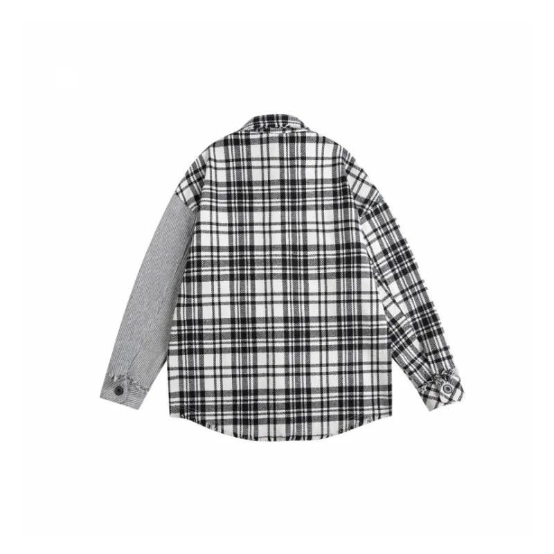 Design Spliced Plaid Long Sleeve Shirt-1