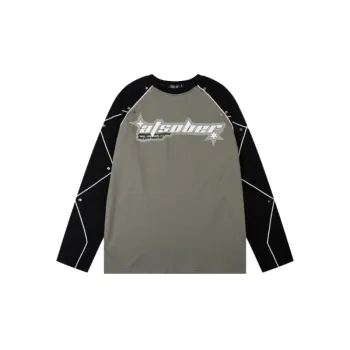 Metal Rivet Decorative Color matching Raglan Sleeve Long sleeve T shirt