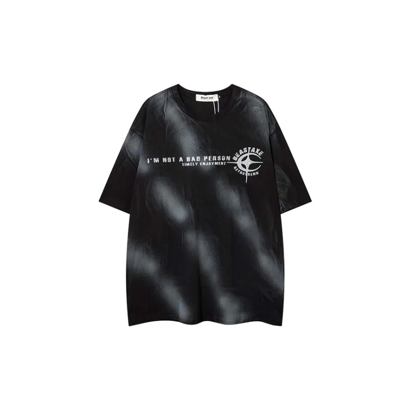 Tide Dirty Diagonal Letters Printed Round Neck Short Sleeved T Shirt-4