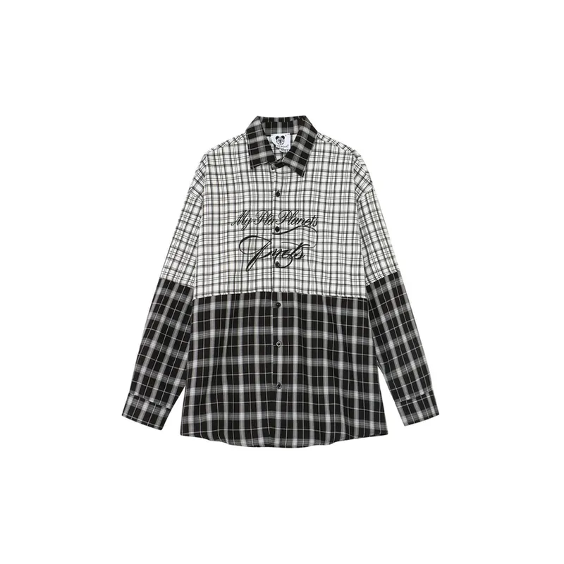 Plaid Stitching Printed Long Sleeve Shirt-0
