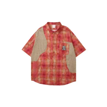 Retro Antique Plaid Tie Dye Stitching Embroidered Short Sleeved Shirt