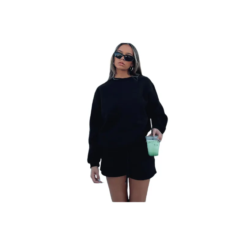 Plain Loose Polyester Sweatshirt Set Women-0