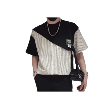 Fake Two Pieces Splicing Stripes Short Sleeved T shirt