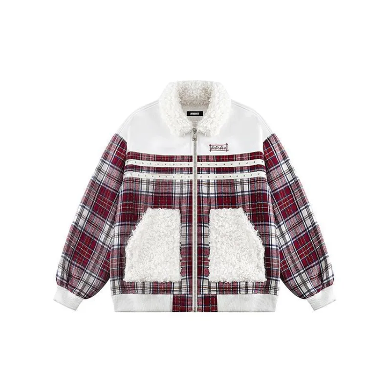 Retro Plaid Stitching and Fleece lined Cotton Coat