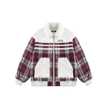 Retro Plaid Stitching and Fleece lined Cotton Coat