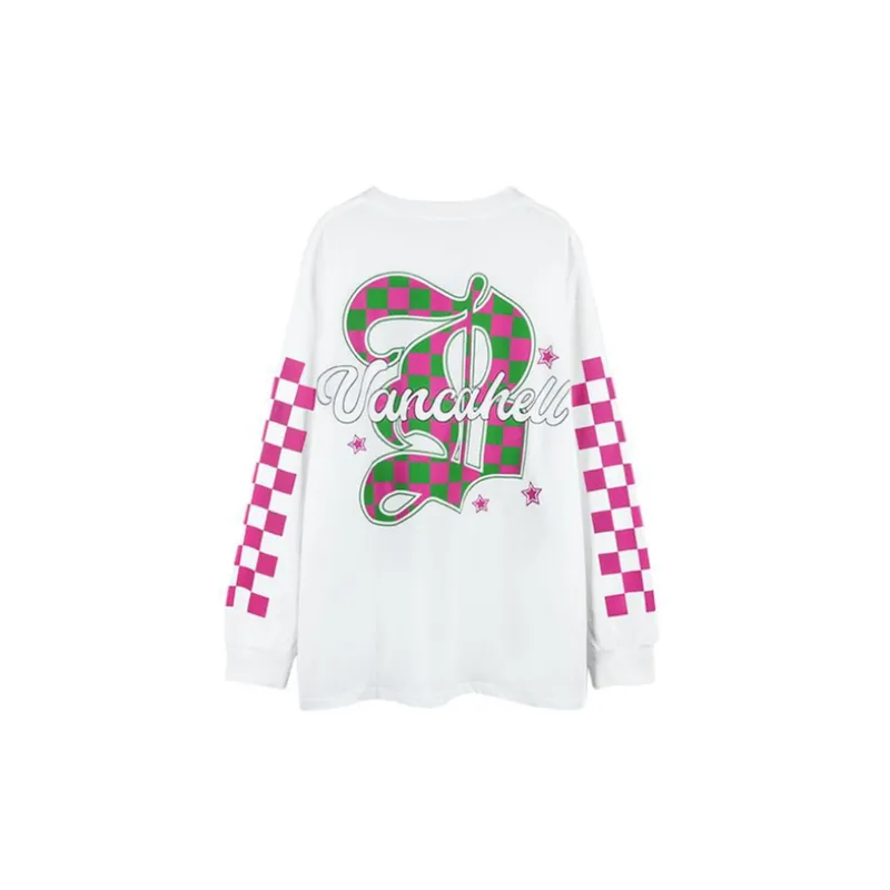 Retro Checkerboard Printed Long sleeved Trendy Ins Loose Casual Pullover T shirt-1