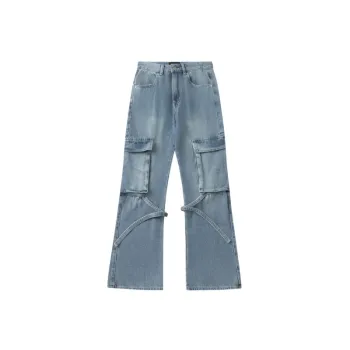 Punk Style Loose High Waist Trip Belt Wide Leg Work Straight Jeans