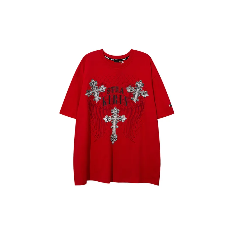 Dark High Street Cross Retro Printed Round Neck Short Sleeve T Shirt-0