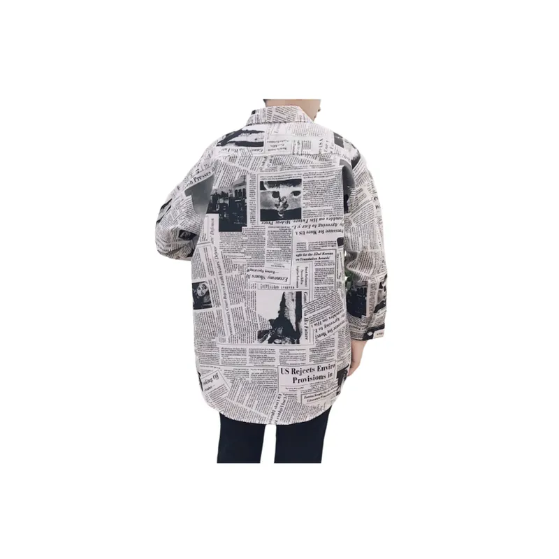 Loose Long Sleeved Newspaper Print Shirt-1