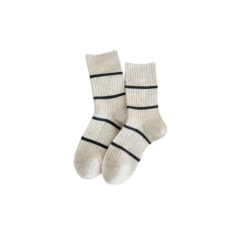 Retro Contrast Color Cotton Mid Calf Sock-3