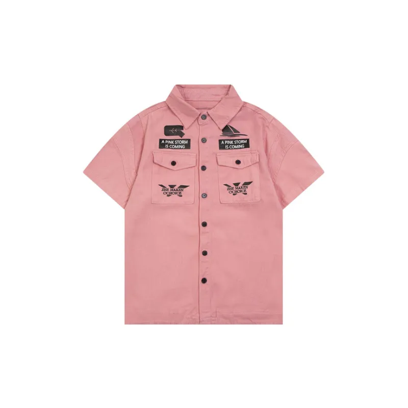 Hip Hop Letter Print Lapel Denim Short Sleeved Shirt-2