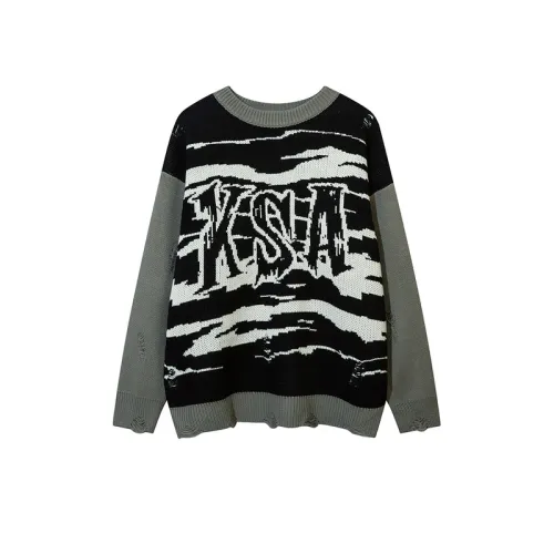 High Street Lazy Style Hole Yarn-dyed Creative Pattern Loose Crewneck Sweater