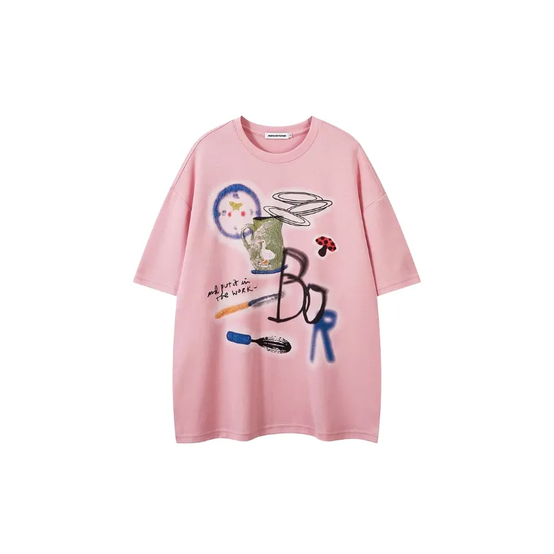Casual Graffiti Cotton Blended Fabric T Shirt-0