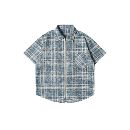 Tie-Dyed Blue Plaid Short-Sleeved Shirt