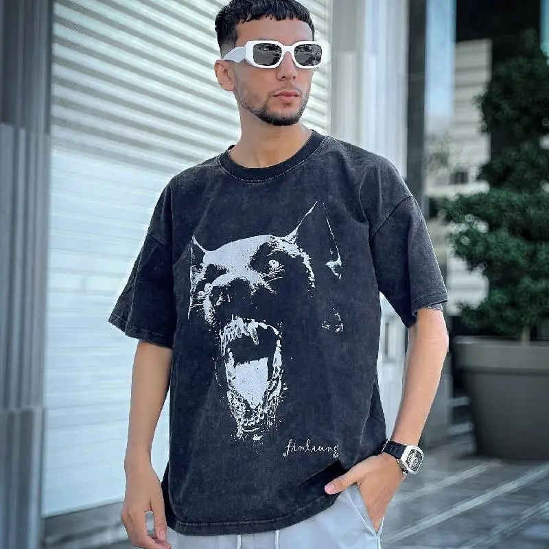 Doberman Print Washed T shirt swag OOTD-3
