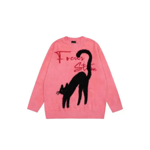 High Street Cat Letter Jacquard Mink Round Neck Sweater