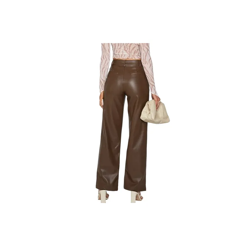 Simple Plain PU Leather Pants Women-5