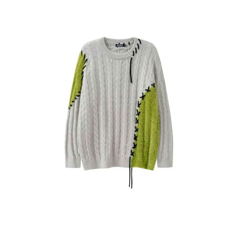 Retro Irregular Contrast Color Wear Rope Sweater-4